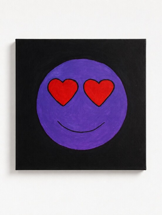 Handmade Other - Handpainted Purple Heart Eyes Smiley Face Canvas Art | 10x10 Pop Art Wall Decor